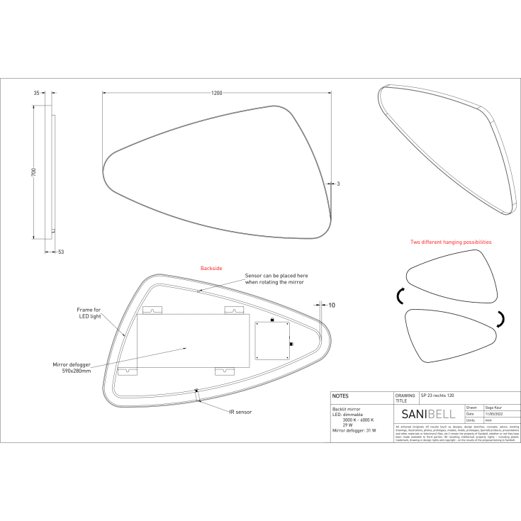 Sanibell Ink SP23 spejl med lys, dæmpbar, dugfri, højre, hvid, 120x70 cm