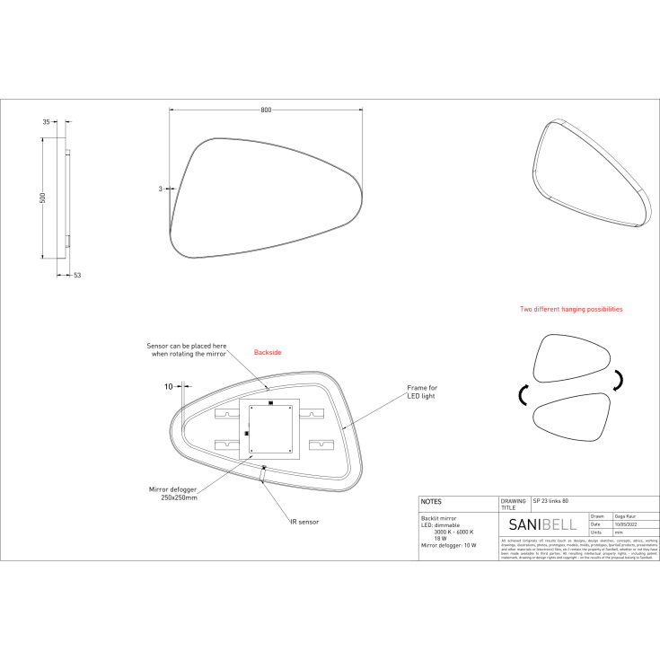 Sanibell Ink SP23 spejl med lys, dæmpbar, dugfri, venstre, 80x50 cm, børstet mat guld
