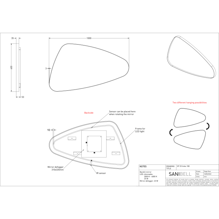 Sanibell Ink SP23 spejl med lys, dæmpbar, dugfri, venstre, 100x60 cm, børstet mat guld
