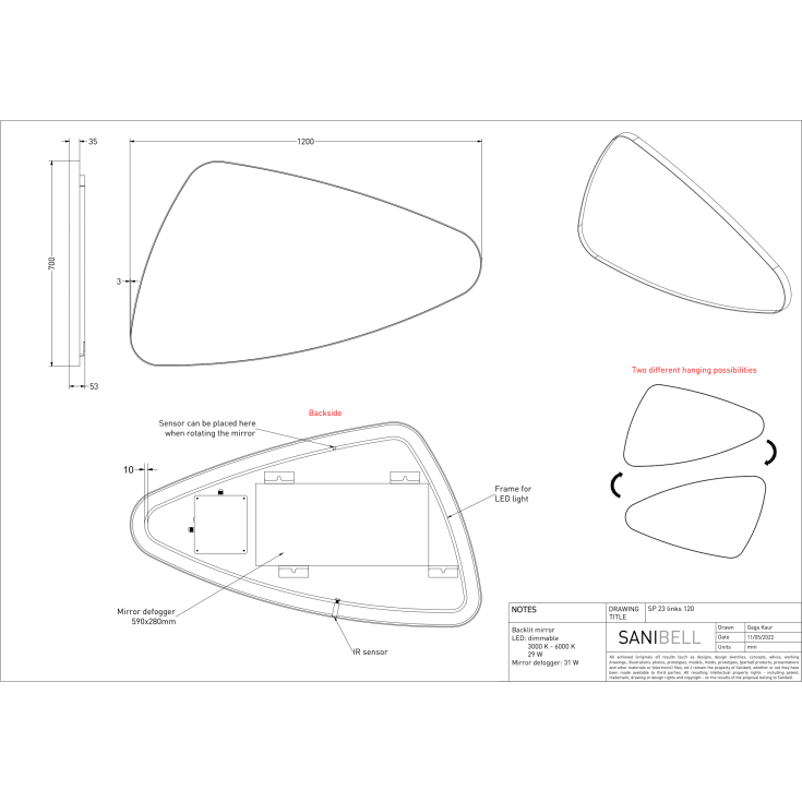 Sanibell Ink SP23 spejl med lys, dæmpbar, dugfri, venstre, hvid, 120x70 cm