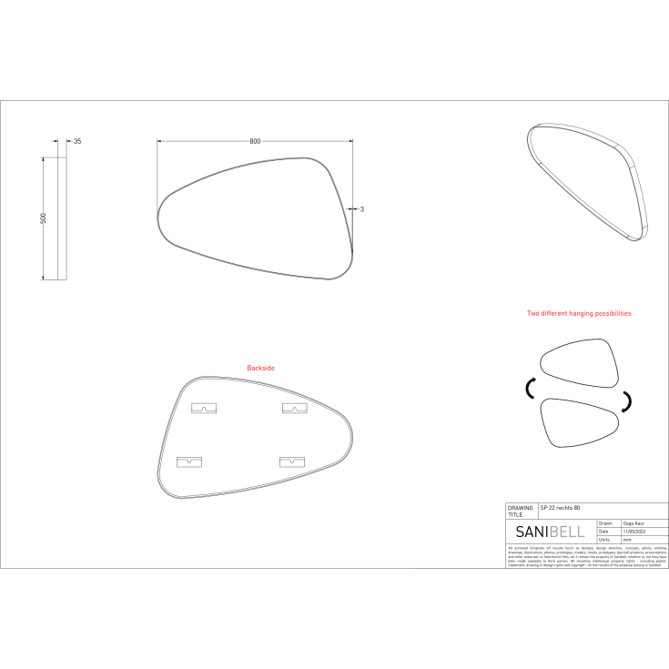 Sanibell Ink SP22 spejl, højre, 80x50 cm, børstet mat guld