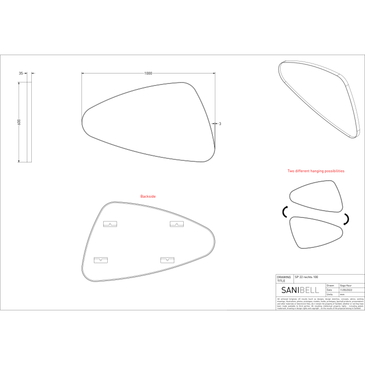 Sanibell Ink SP22 spejl, højre, 100x60 cm, børstet mat guld