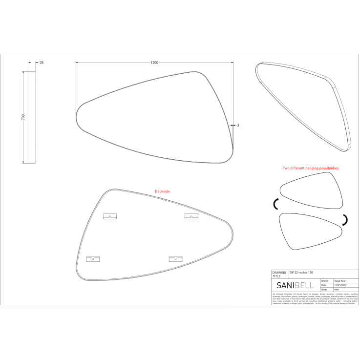 Sanibell Ink SP22 spejl, højre, sort, 120x70 cm