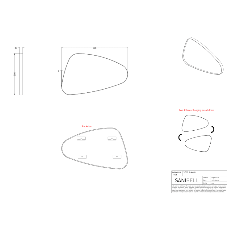 Sanibell Ink SP22 spejl, venstre, hvid, 80x50 cm
