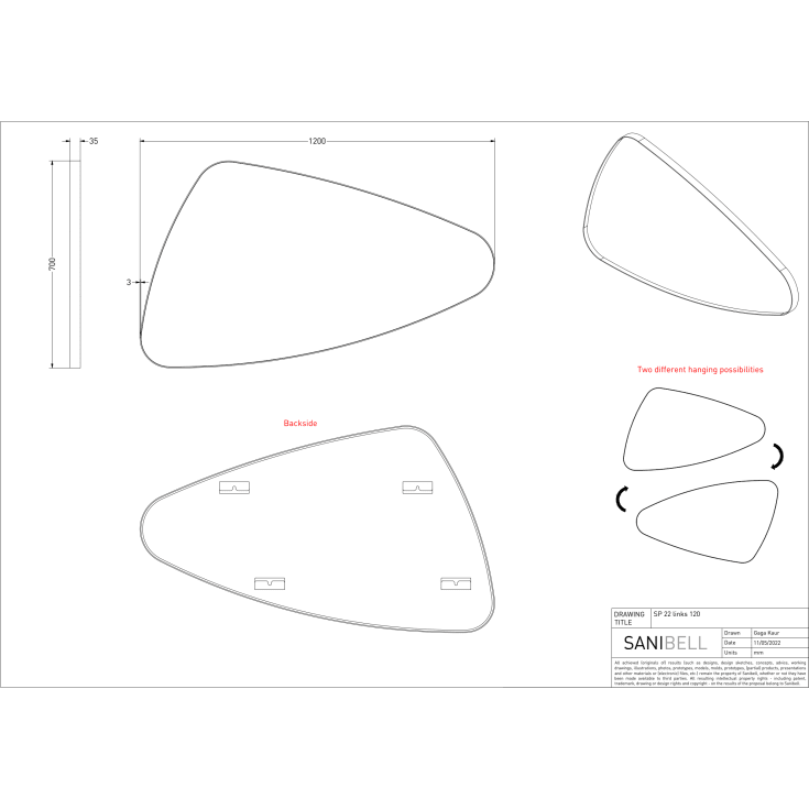 Sanibell Ink SP22 spejl, venstre, hvid, 120x70 cm