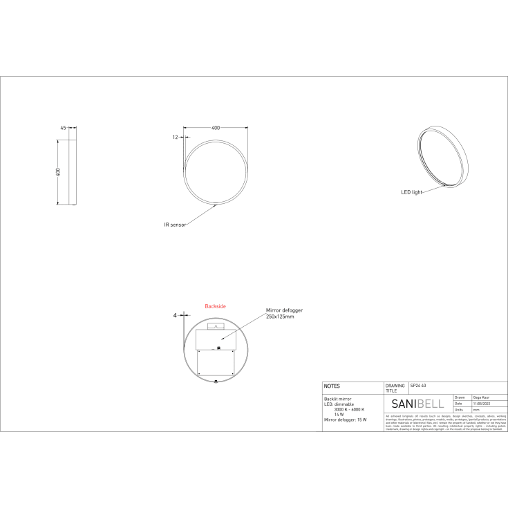 Sanibell Ink SP24 spejl med lys, dæmpbar, dugfri, Ø40 cm, børstet mat guld