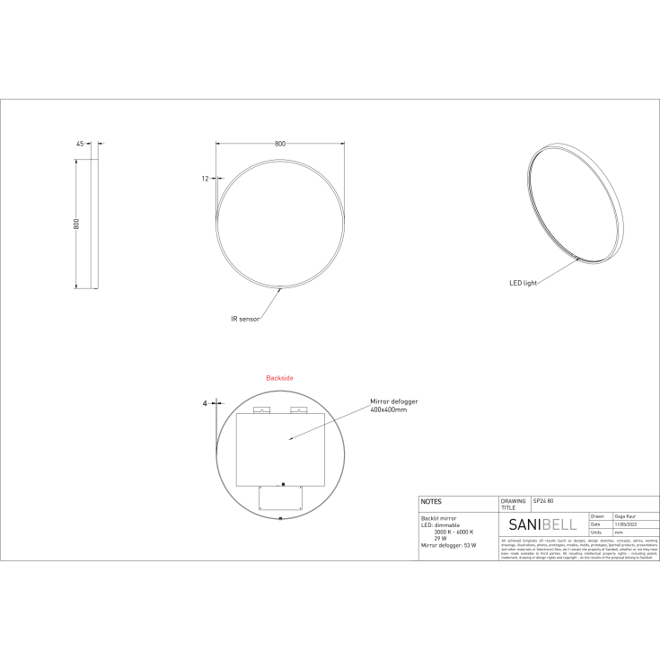 Sanibell Ink SP24 spejl med lys, dæmpbar, dugfri, mat hvid, Ø80 cm