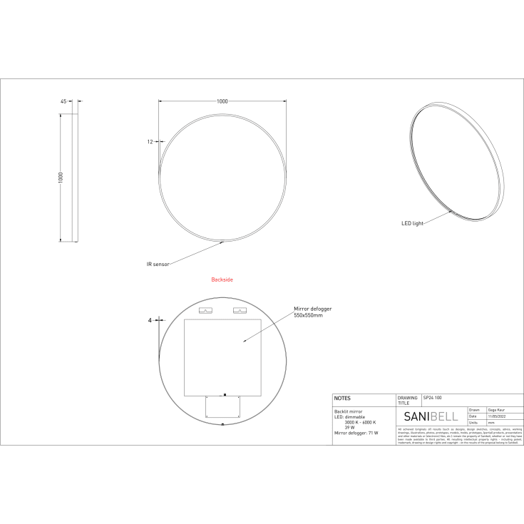 Sanibell Ink SP24 spejl med lys, dæmpbar, dugfri, mat hvid, Ø100 cm