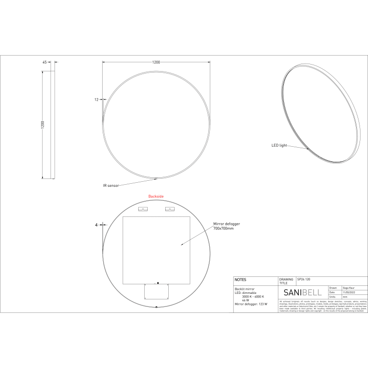 Sanibell Ink SP24 spejl med lys, dæmpbar, dugfri, Ø120 cm, børstet mat guld