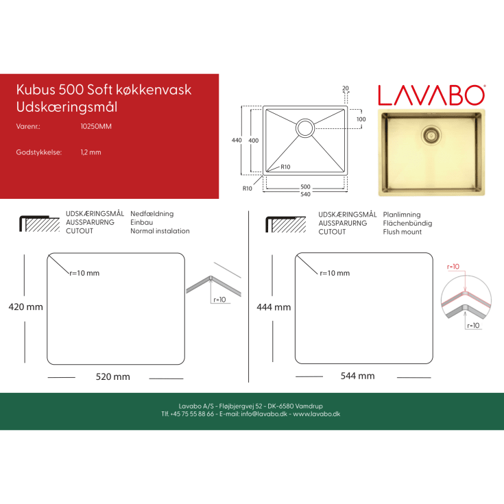 Lavabo Kubus 500 Soft kjøkkenvask, 54x44 cm, messing