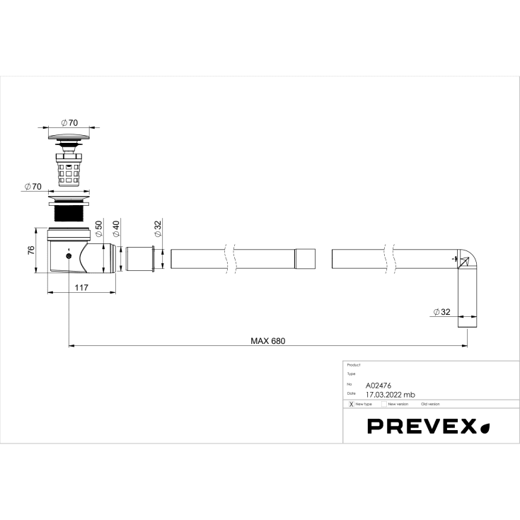 Prevex EasyClean avloppssats, 68 cm, krom