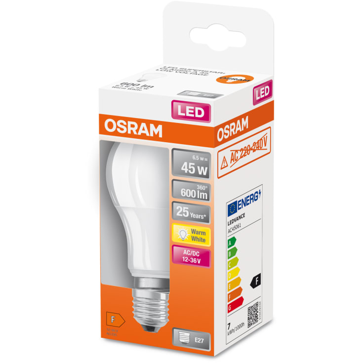 Ledvance E27 standardpære, 12-36V, 2700K, 6,5W