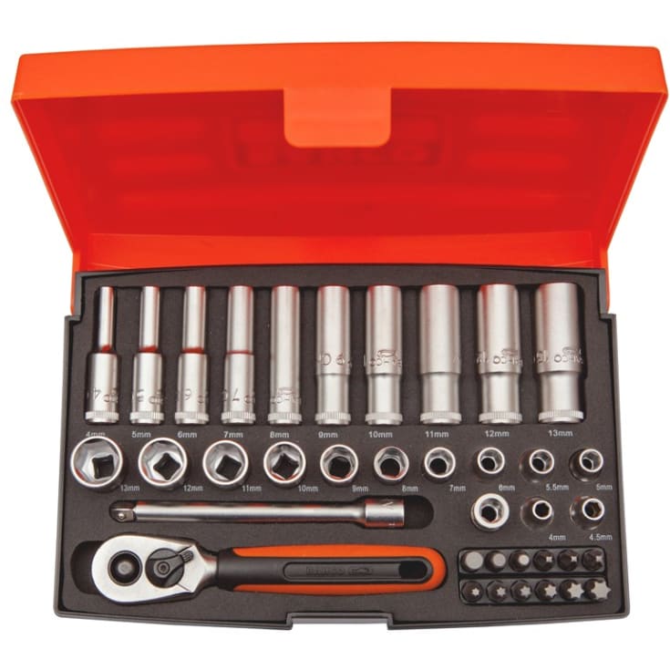 Bahco pipenøkkelsett SL25L, 1/4", 37 deler, 4–13 mm, standard og lang