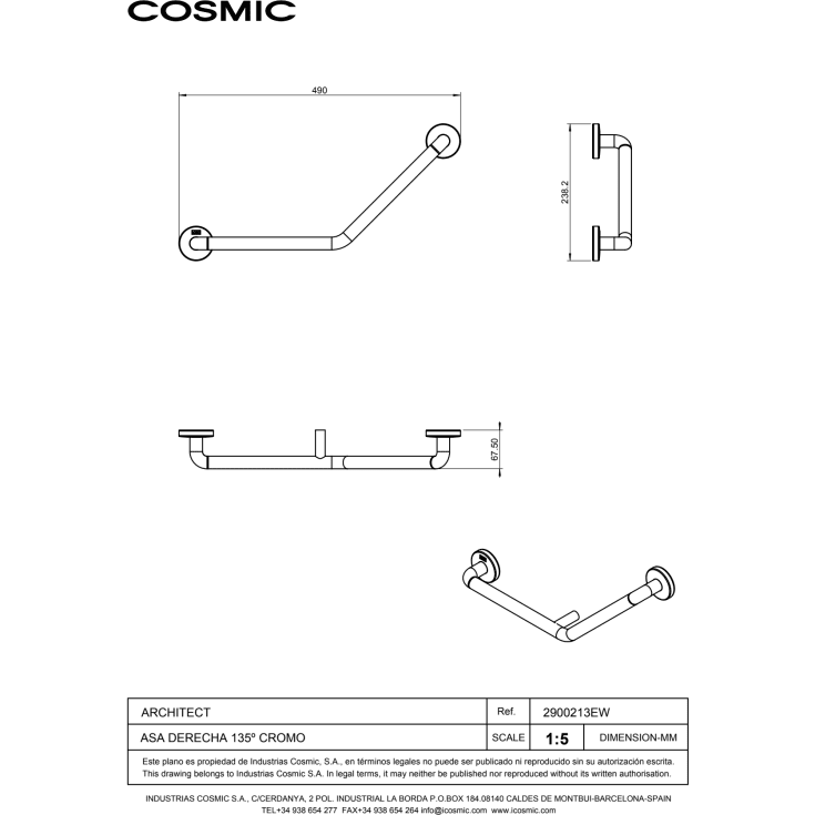 Cosmic Architect støttehåndtak, 49 cm, 135°, høyre, krom