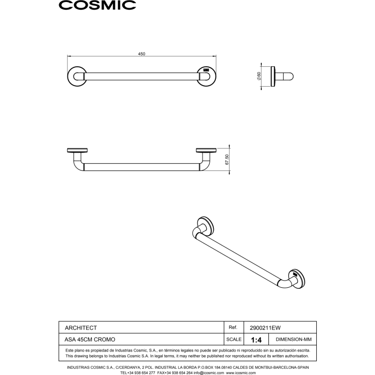Cosmic Architect støttehåndtak, 45 cm, krom
