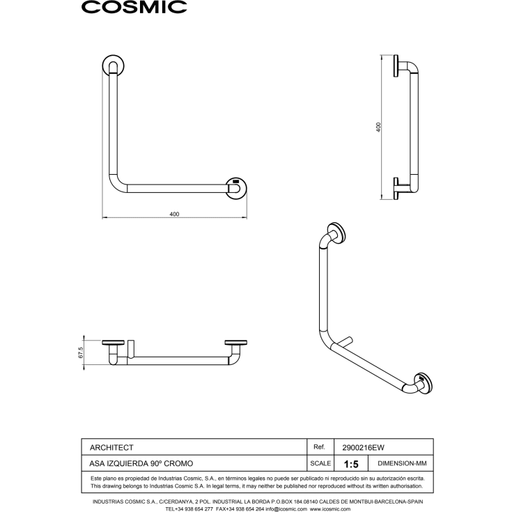 Cosmic Architect støttegreb, 40x40 cm, venstre, krom