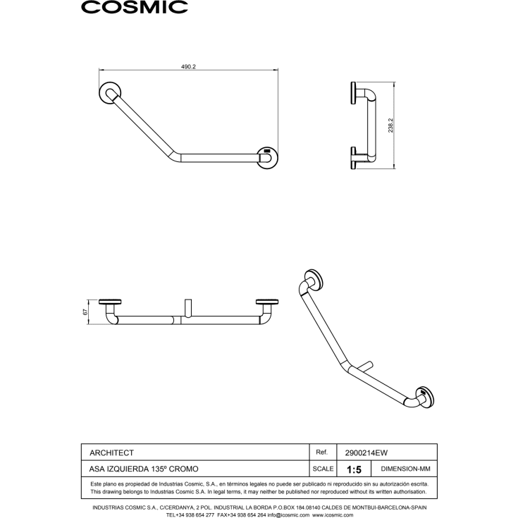 Cosmic Architect støttegreb, 49 cm, 135°, venstre, krom
