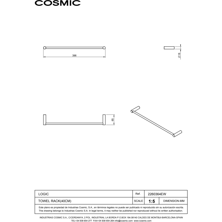 2 stk Cosmic Logic håndklædestang, 39,5 cm, børstet rustfrit stål