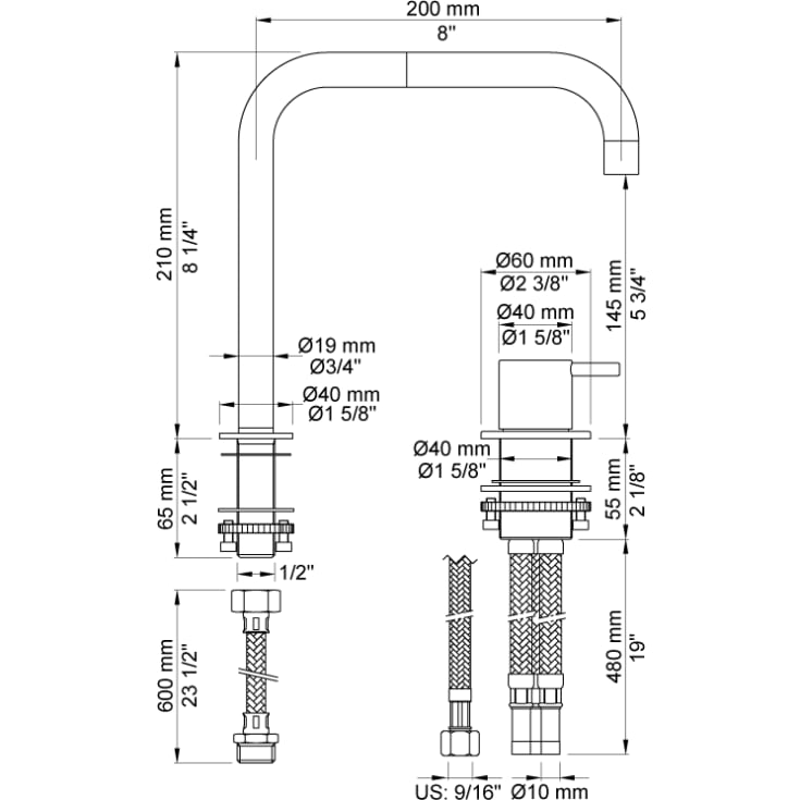 Vola 590 kjøkkenbatteri, 210 mm tut, svingbar, børstet krom