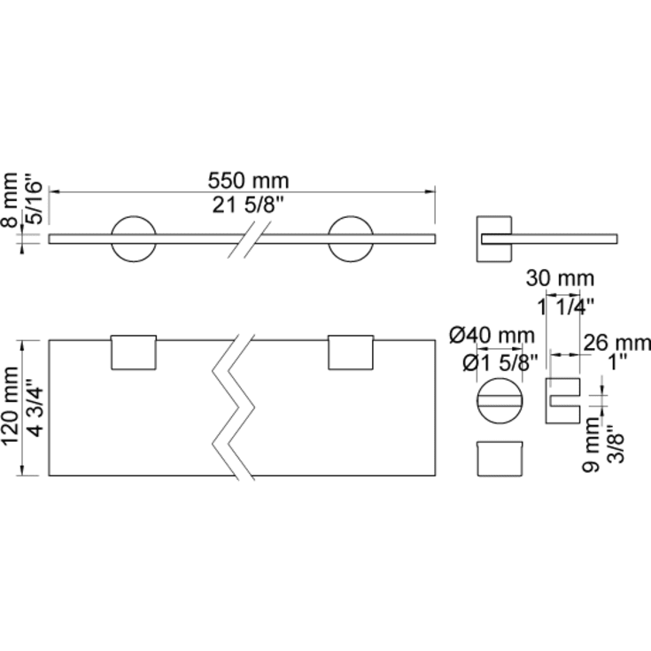 Vola T25G hylde, 55x12 cm, rustfrit stål