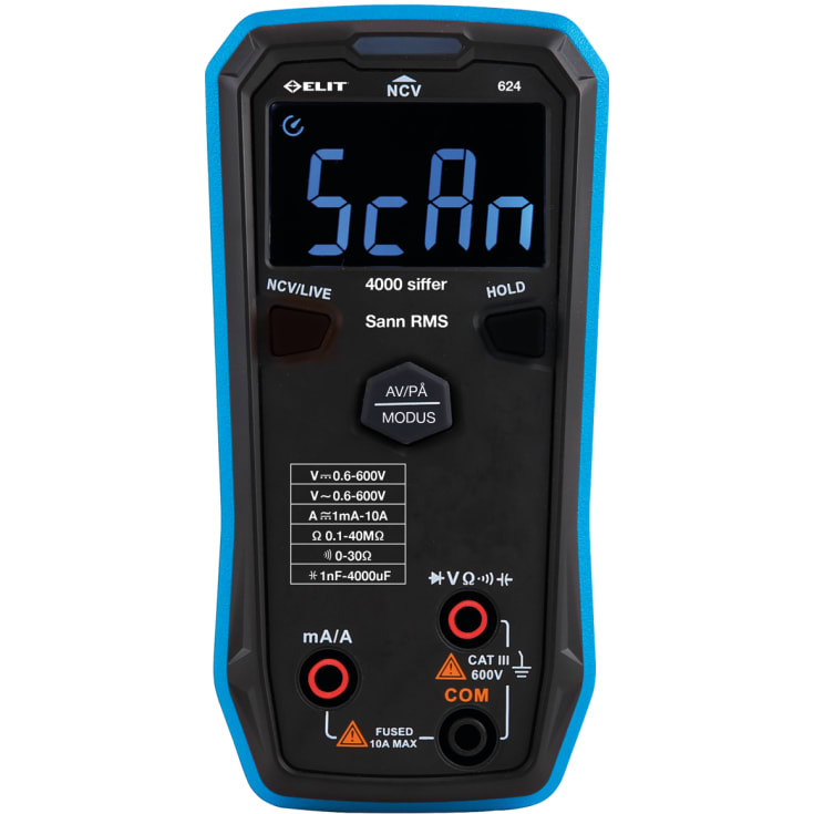 Multimeter sann RMS, smart automatisk rekkeviddevalg, Elit 624