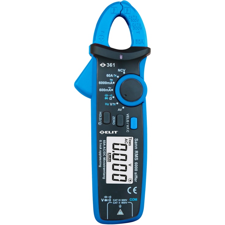 Tangamperemeter sann RMS, 60A AC/DC, volt- og ohmmeter, ELIT 361