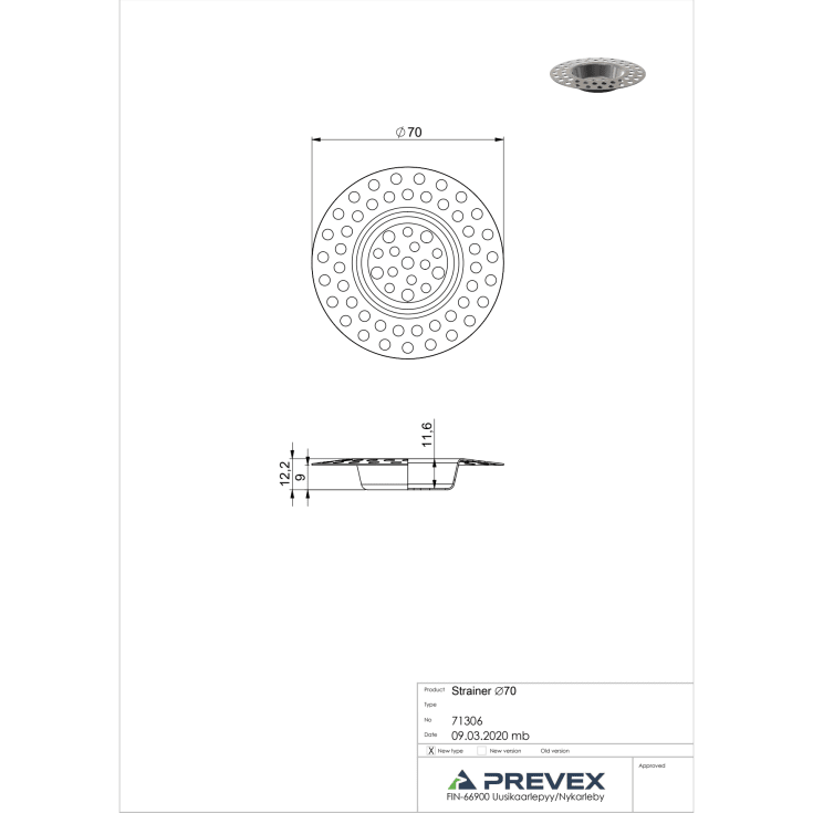 Prevex si til køkkenvask, Ø70 mm, krom