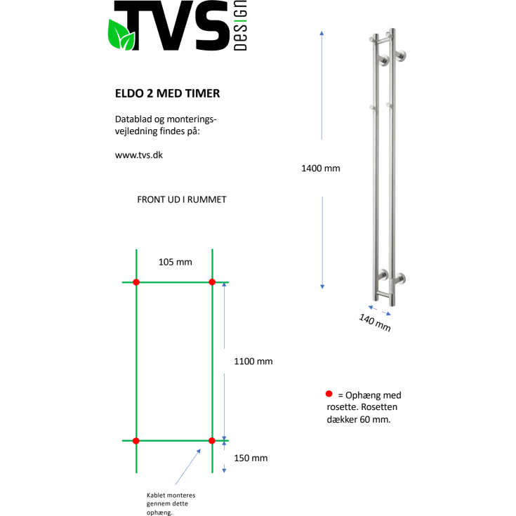 TVS Eldo 2 håndklædetørrer, el, 14x140 cm, poleret rustfrit stål