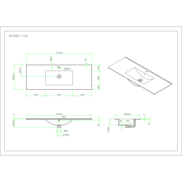 Cassøe servant, 121x46,5 cm, hvit