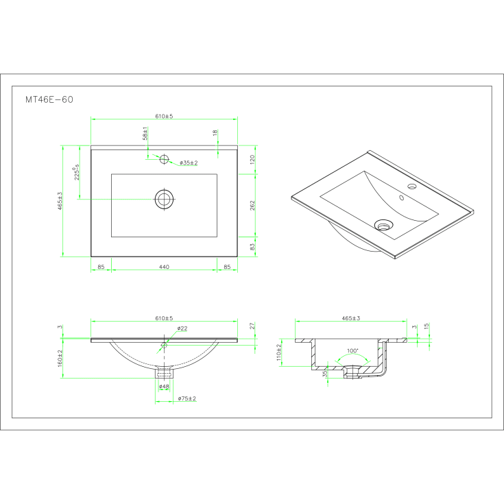 Cassøe håndvask, 61x46,5 cm, hvid