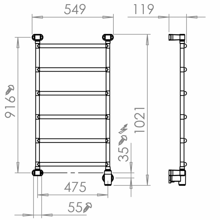 Pax Blues håndklædetørrer, el, 54,9x102,1 cm, rustfrit stål