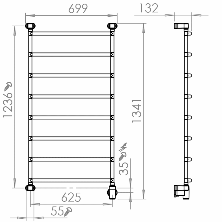 Pax Blues håndklædetørrer, el, 69,9x134,1 cm, rustfrit stål