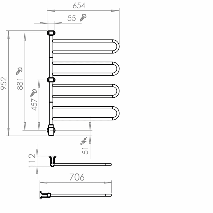 Pax Flex U håndkletørker, el, 65,4x95,2 cm, rustfritt stål