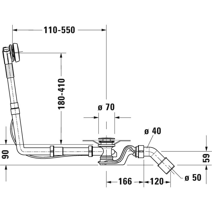 Duravit Quadroval af- og overløbssæt, 70 cm, krom