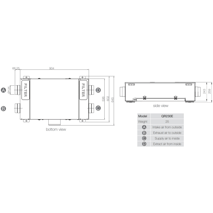 Ventas QR230E ventilationsanlæg med varmegenvinding Ø125 mm