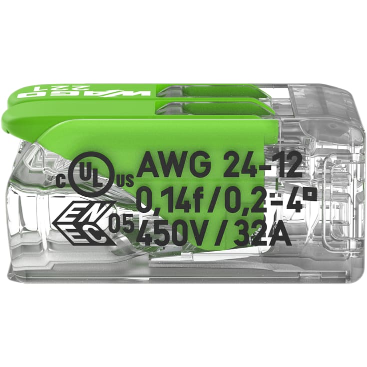 100 stk Green Samlemuffe 2x0,2-4 mm² transparent med grøn pal, serie 221