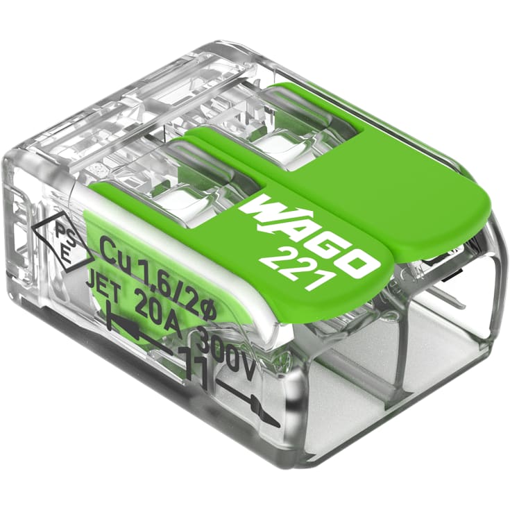 100 stk Grønn Skjøtsokkel 2x0,2-4 mm² transparent med grønn pal, serie 221