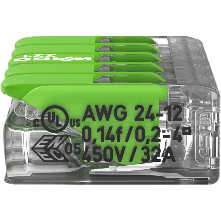 25 stk Green Samlemuffe 5x0,2-4 mm² transparent med grøn pal, serie 221