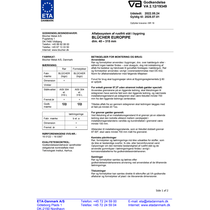Blücher EuroPipe avløpsrør, Ø75 mm, 1500 mm, rustfritt stål