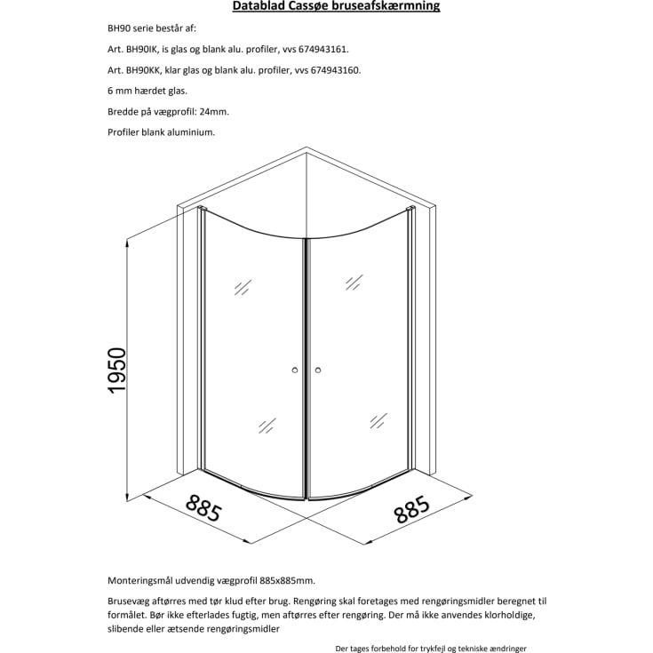 Cassøe Slim brusehjørne, 88,5x88,5 cm, frostet glas, aluminium profil