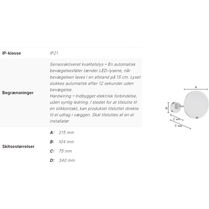 Smedbo Outline makeup spej med lys, Ø21,5 cm, krom