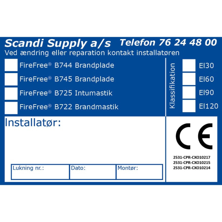 Mærkat CE-Etiket til brandlukning B744-B745-B725-B722 (rul á10)
