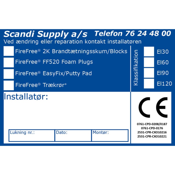 Mærkat CE-Etiket til brandlukning Plug/2K/EasyFix/Trækrør (pose med 10 stk)