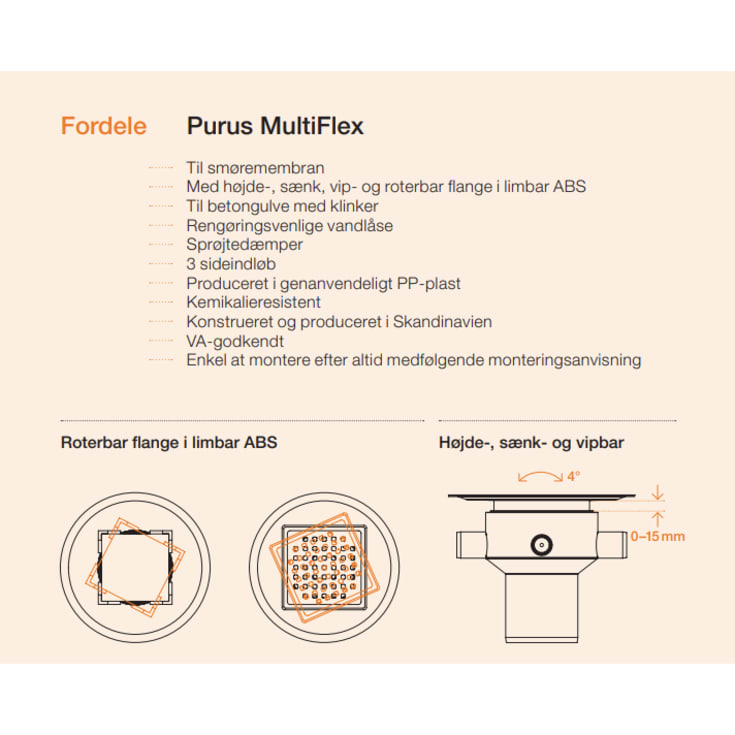 Purus Multiflex afløbskål, til beton og flisegulv, Ø110 mm