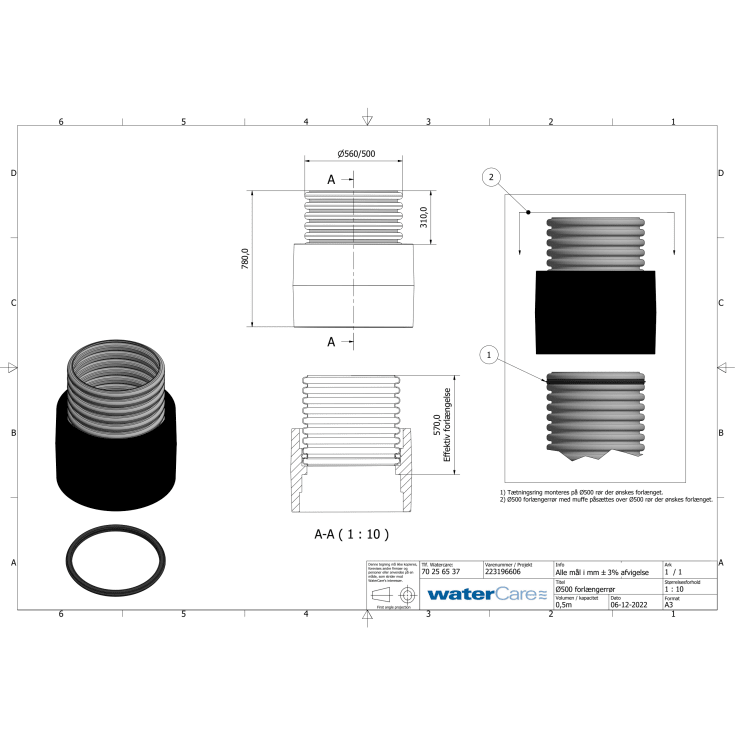 Forlænger Ø540/500 Watercare tanke - 500 mm