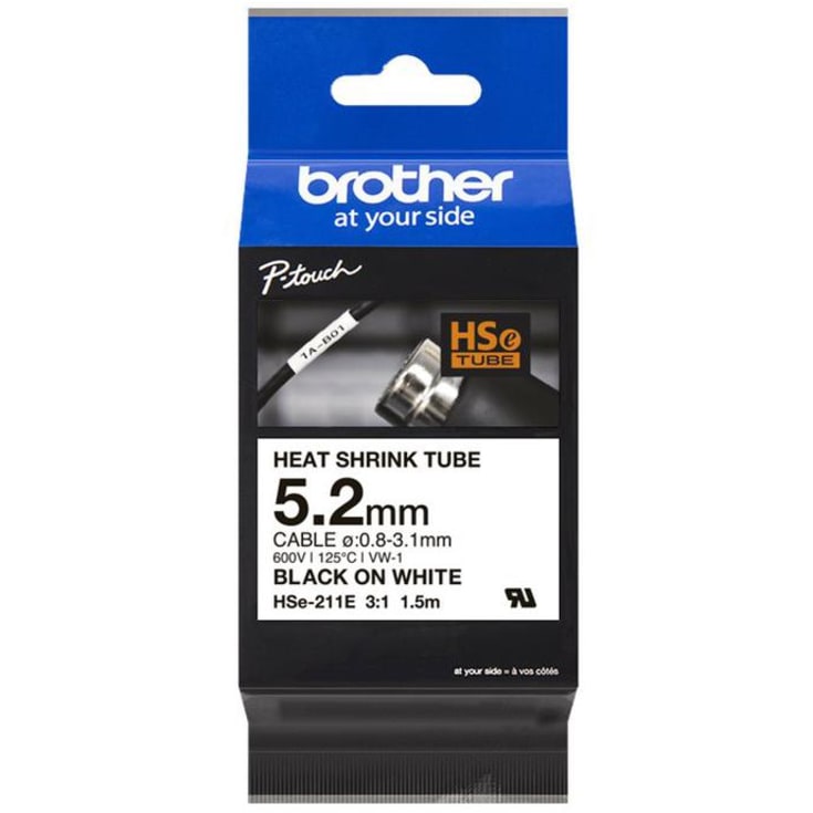 Brother krympetape HSe-211E, svart/hvit, 5,2 mm, for kabler på 1,7–3,2 mm