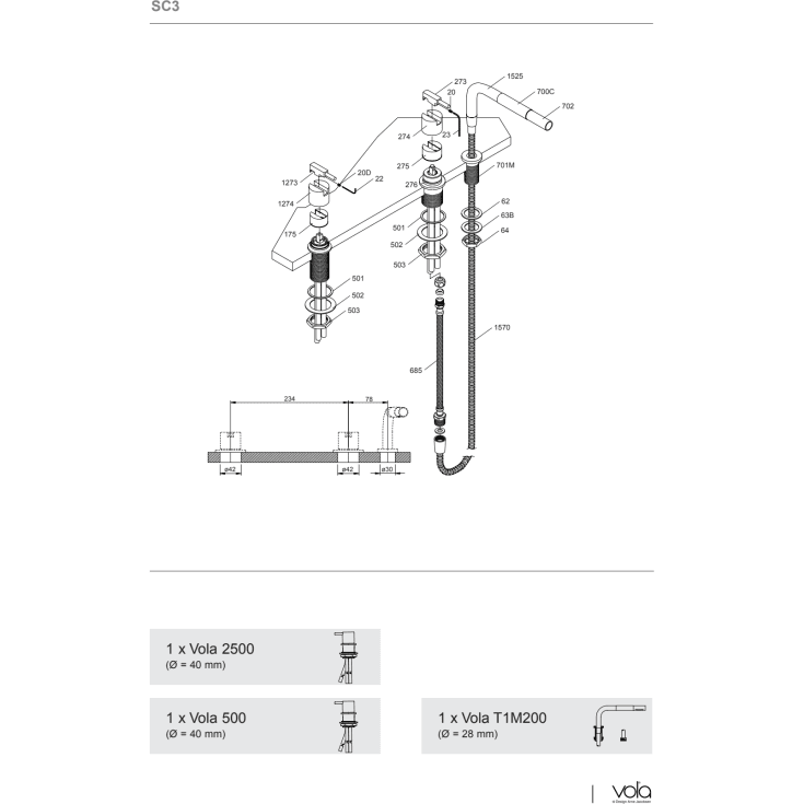Vola SC3 kararmatur med brusesæt, stål