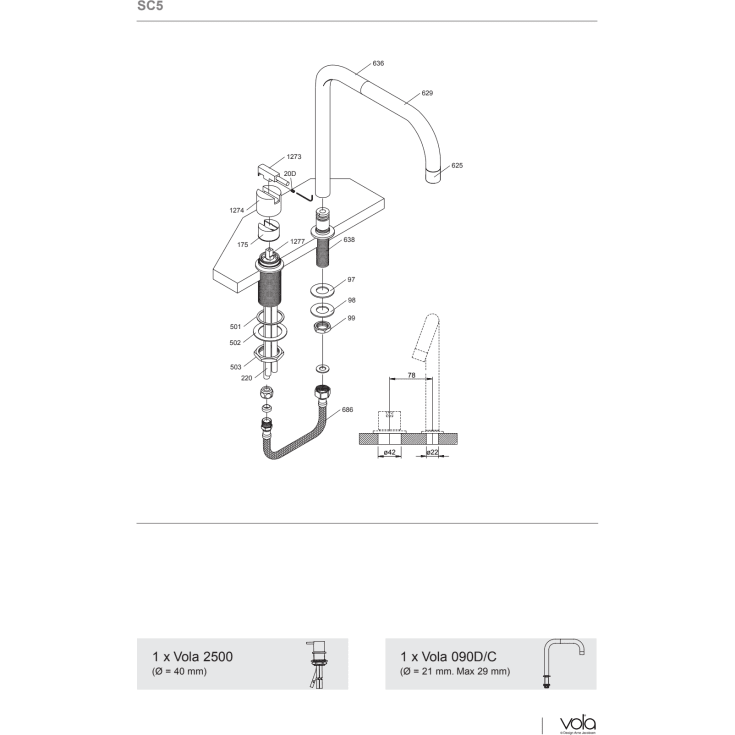 Vola SC5 kararmatur, børstet krom