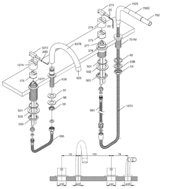 Vola SC12 kararmatur med brusesæt, stål