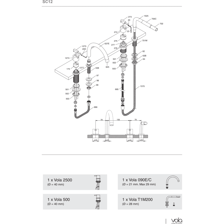 Vola SC12 kararmatur med brusesæt, stål